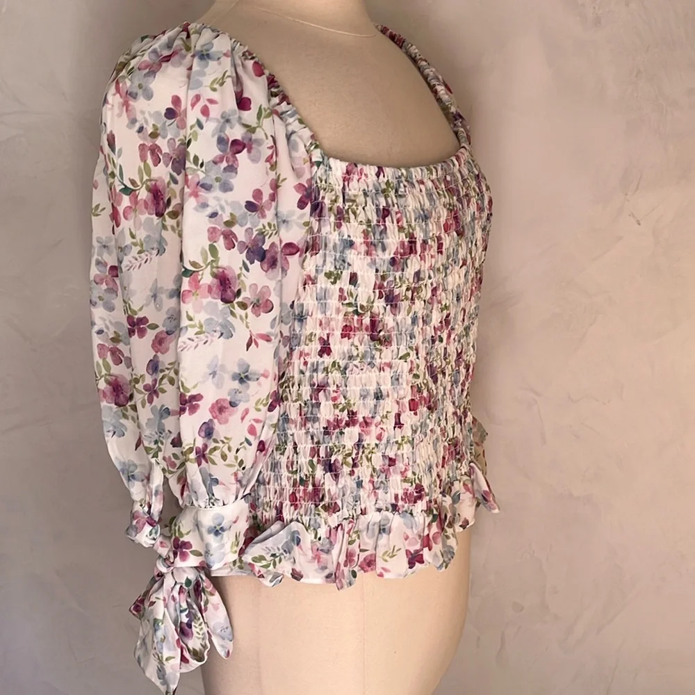 Fashion To Figure White,pink,blue,purple & green Floral Top w/tie sleeves - Picture 5 of 16